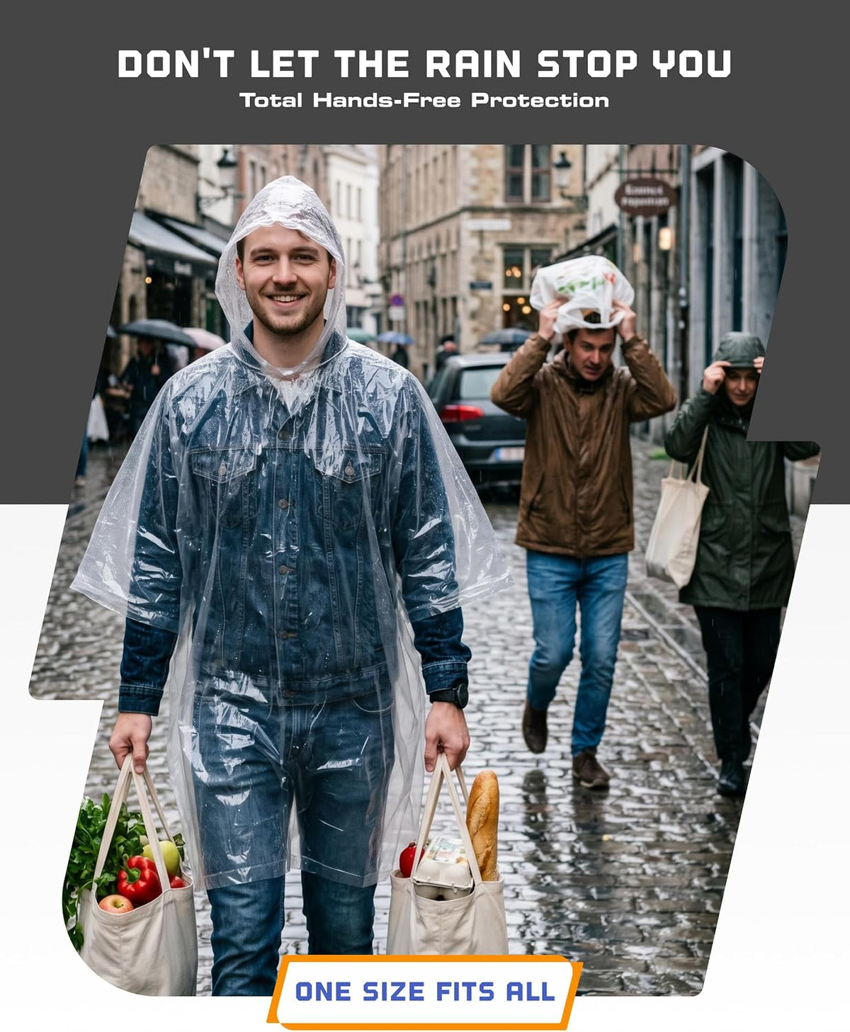 one-size adult fit designed to drape over clothing and backpacks