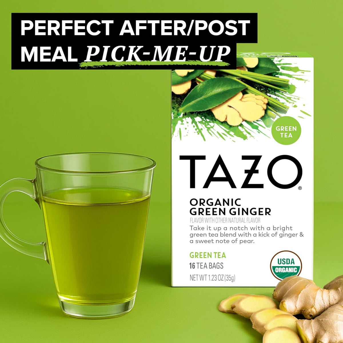 organic green tea base blended with organic ginger, lemongrass, lemon oil, and pear or peach juice concentrate