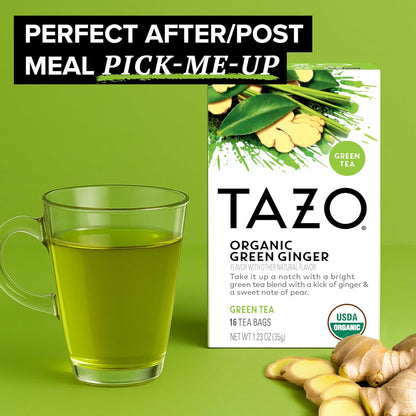 organic green tea base blended with organic ginger, lemongrass, lemon oil, and pear or peach juice concentrate