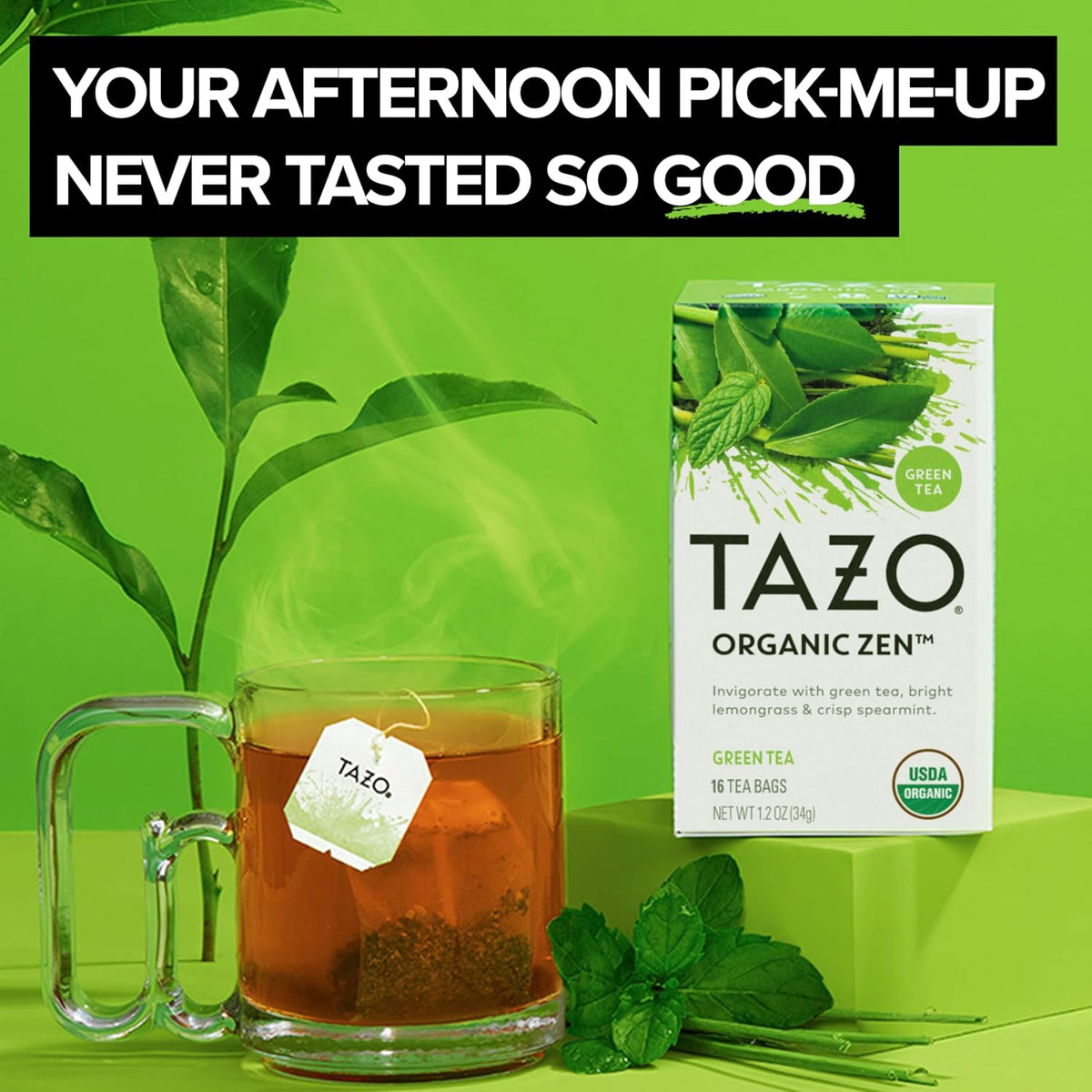 organic green tea blended with lemon verbena, spearmint, lemongrass, and lemon oil