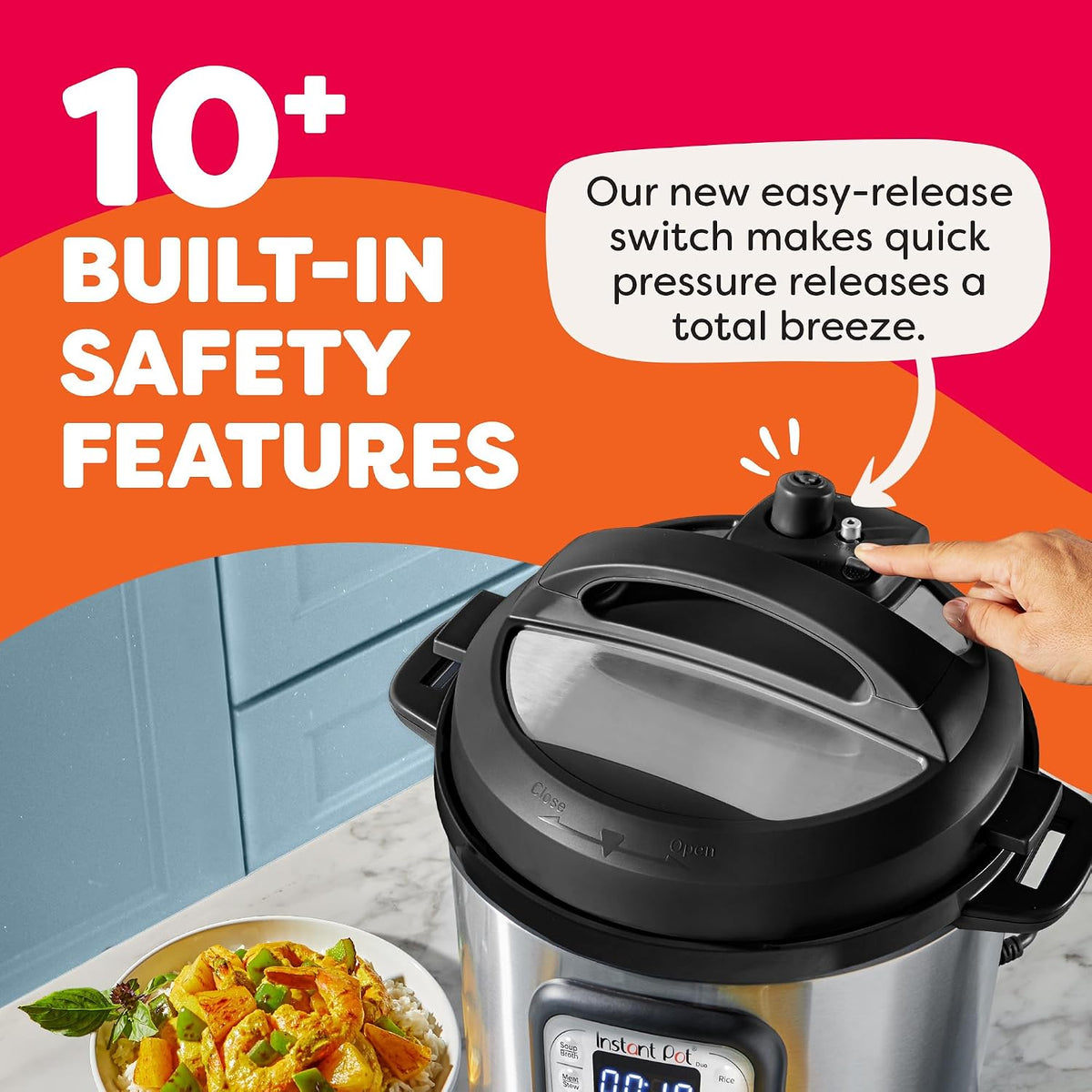 over 10 built-in safety mechanisms including overheat protection and lid lock