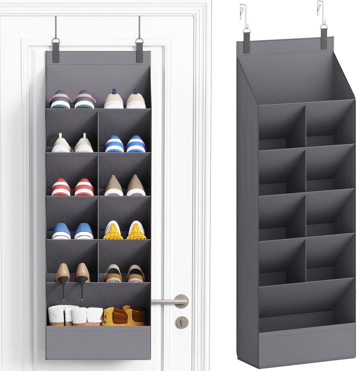 over-the-door hooks compatible with doors up to 1.7 inches thick, requiring zero installation
