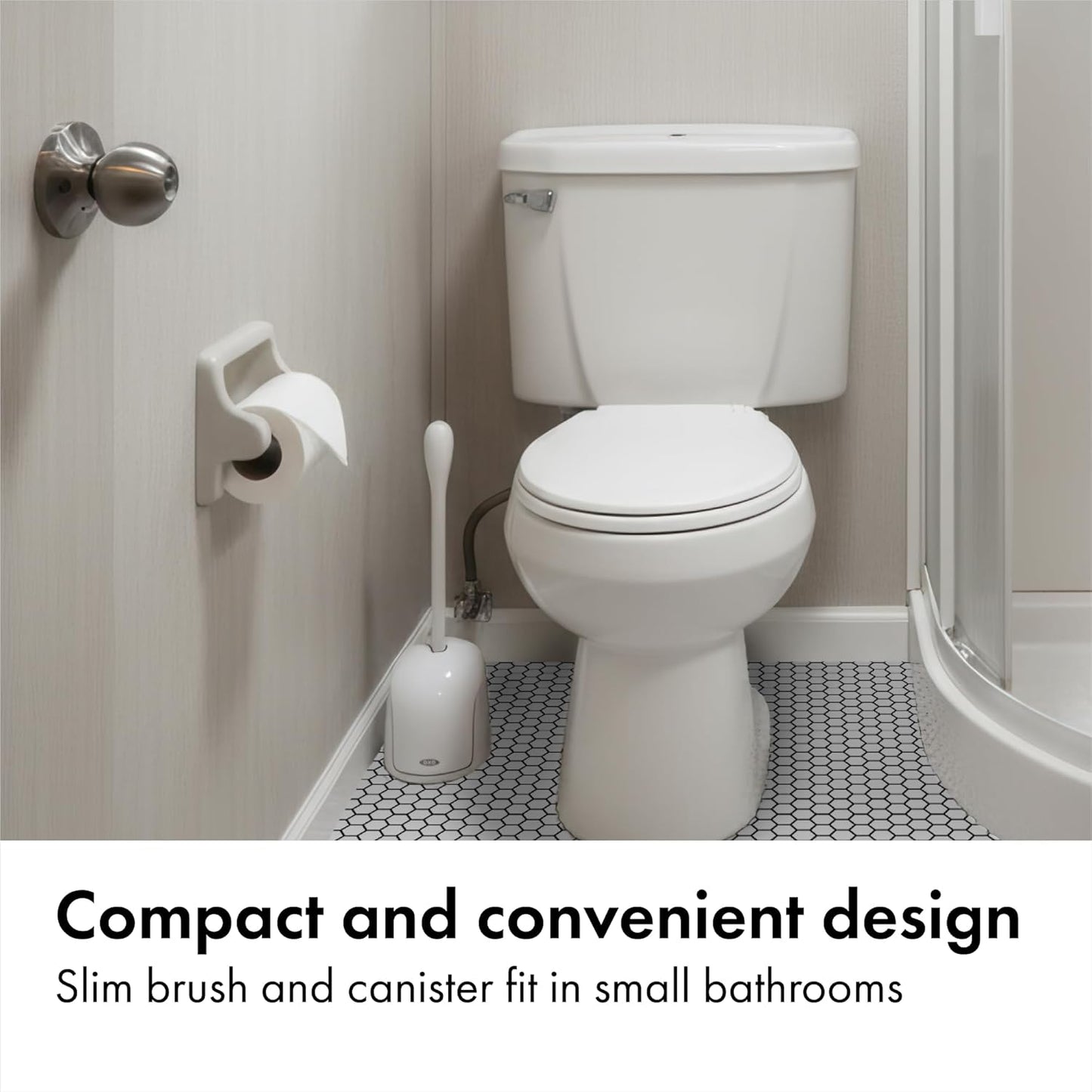 OXO Good Grips Compact Toilet Brush & Canister – Hygienic Family Bathroom Cleaner with Germ Concealing Canister