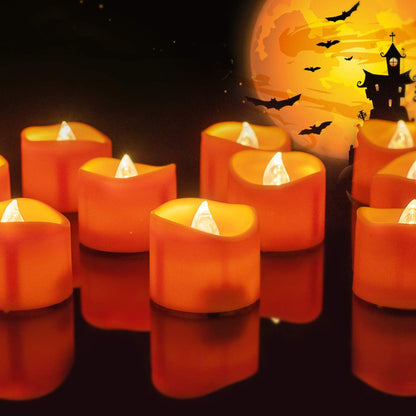 pack of 12 orange flameless led tea lights with realistic wave-flicker flame simulation