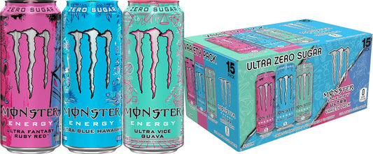 pack of 15 cans across three flavors (ultra blue hawaiian, ultra vice guava, ultra fantasy ruby red)