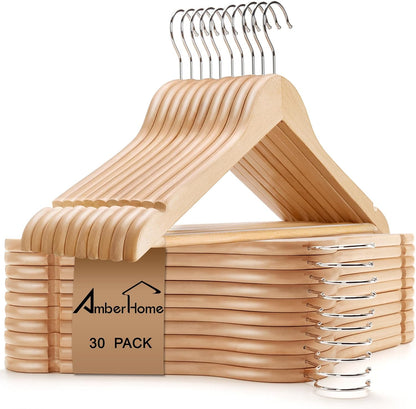 pack of 30 solid natural wood hangers with clear lacquer finish and splinter-free sanding