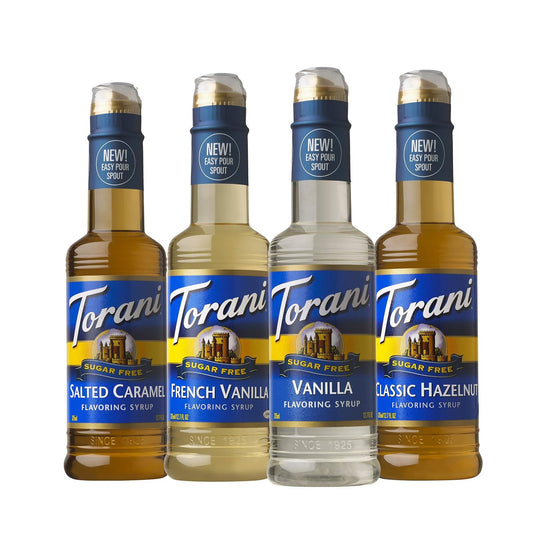 pack of 4 bottles, each 12.7 fl oz, covering vanilla, salted caramel, classic hazelnut, and french vanilla