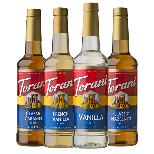 pack of four 25.4 fl oz glass bottles in caramel, french vanilla, vanilla, and hazelnut