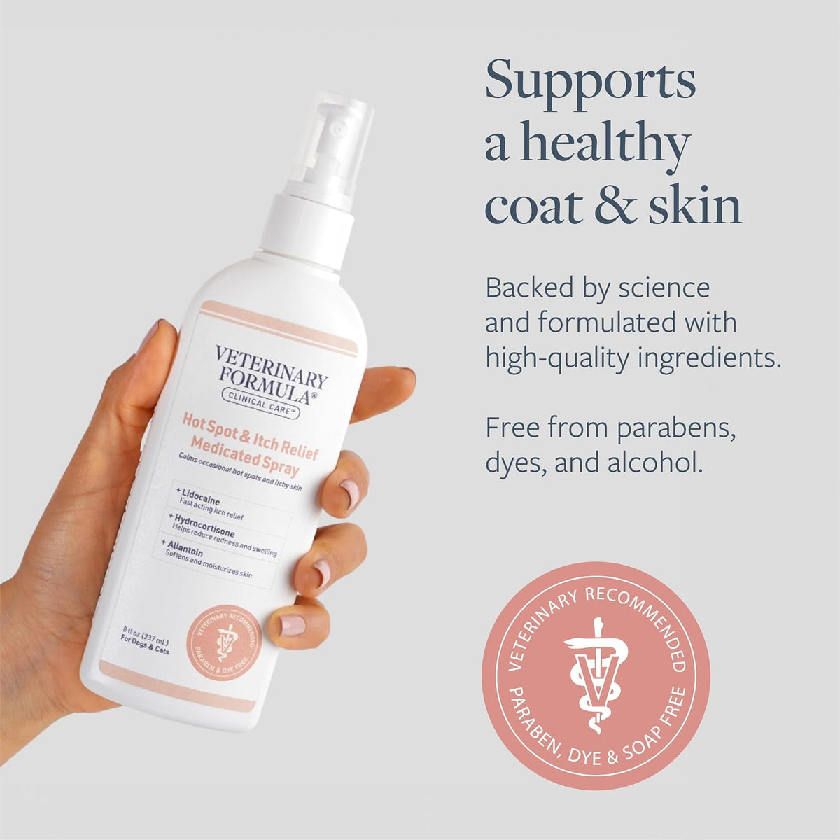 paraben-free, dye-free, non-irritating formula safe for dogs and cats over 12 weeks