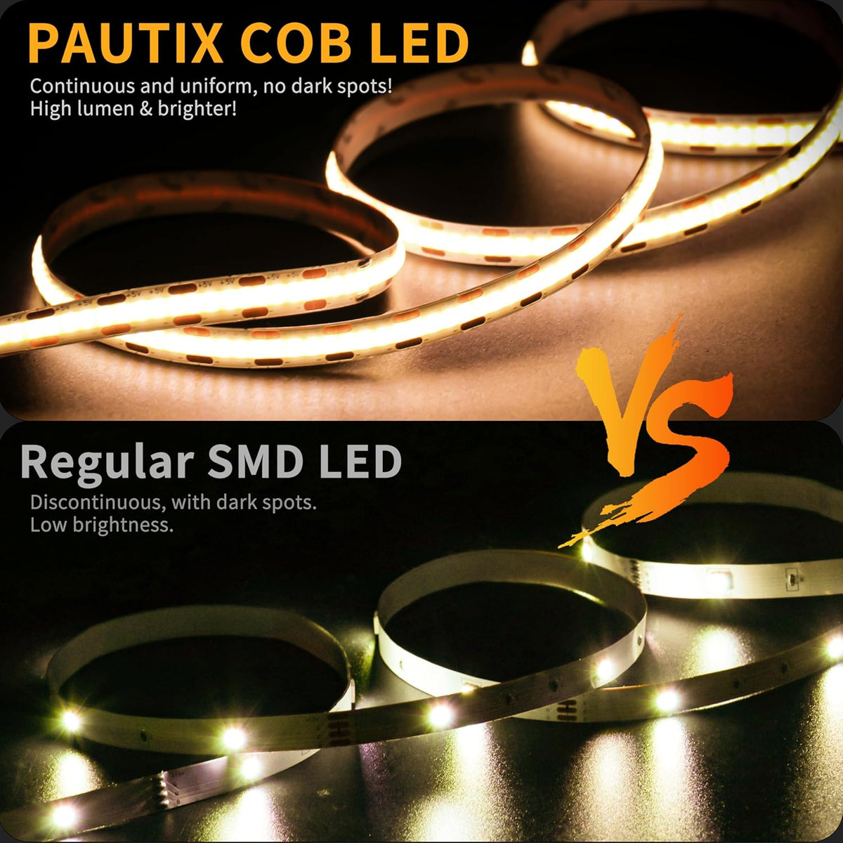 PAUTIX USB COB LED Strip – Dotless 1200lm Ribbon for Cozy Bedroom Ambiance, Wine Displays, and Curio Cabinet Glow