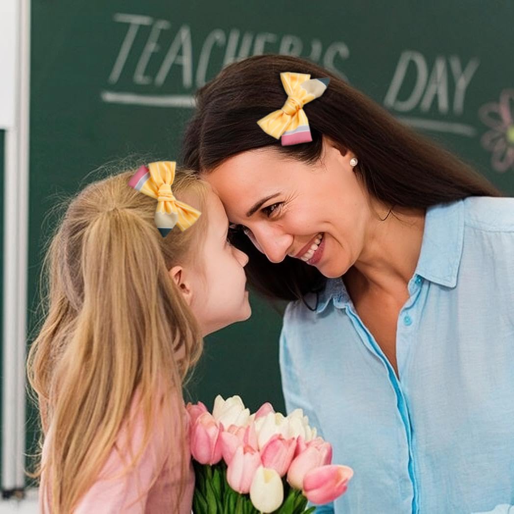 Pencil Bow Hair Clips – Back-to-School Study Accessory for Focused Classroom Looks, Yellow Hair Bow 2-Pack for Students