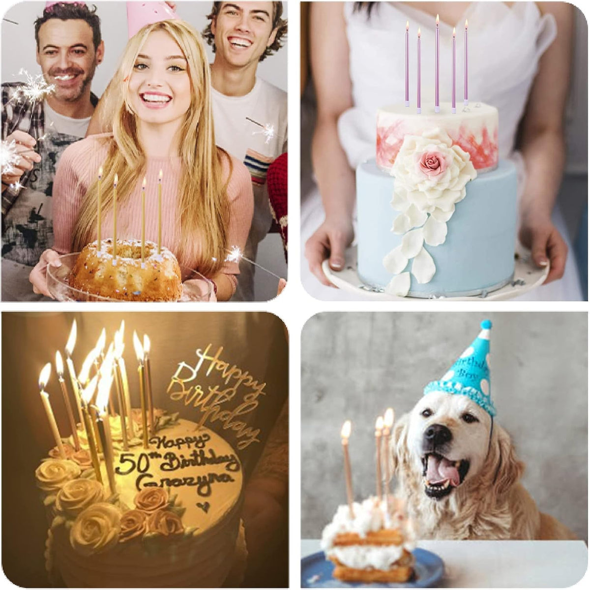 PHD CAKE Couture-Style Metallic Birthday Candles – Refined Luxury Cake Table Accent, 24-Pack with Drip-Protective Holders