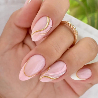 Pink Press on Nails Medium Almond Fake Nails French Tip False Nails Press ons with Gold Glitter Designs Acrylic Glue on Nails Pink French Tip Stick on Nail for Women Manicure 24Pcs