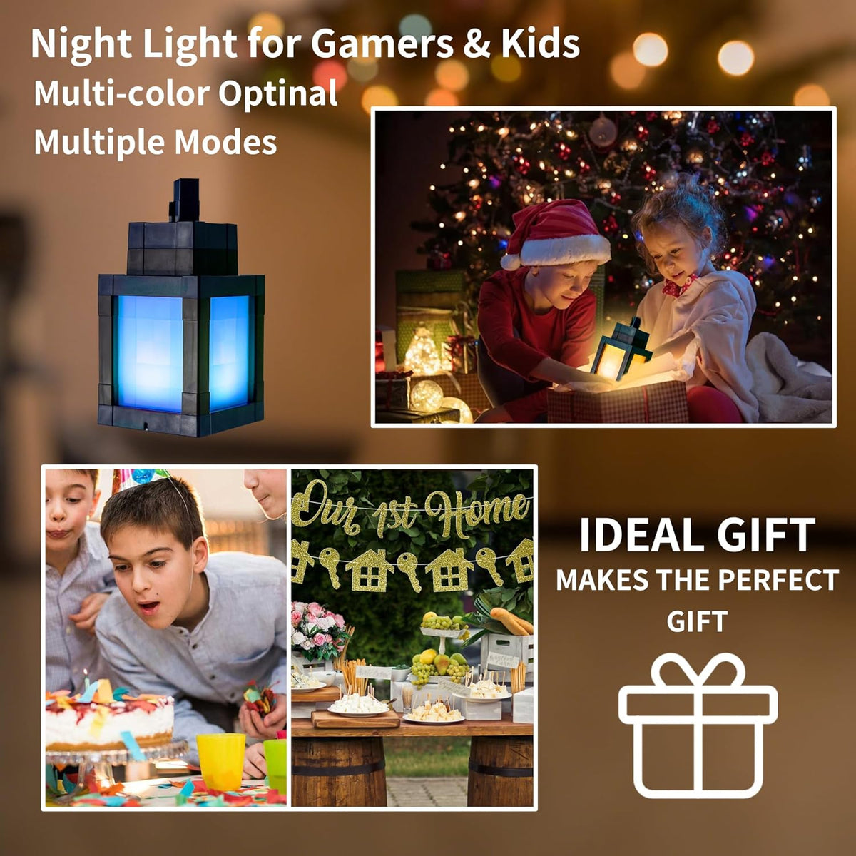 Pixelated Lantern Night Light - Unique Graduation Gift for Him, Rechargeable Dorm Room Desk Lamp with RGB Glow