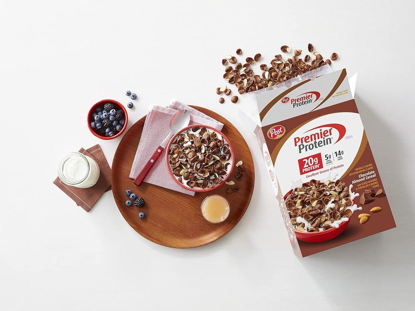 Post Premier Protein Chocolate Almond Cereal — Camping Pantry Protein Cereal, 30 oz Box of Low-Sugar Chocolate Flakes with Almonds