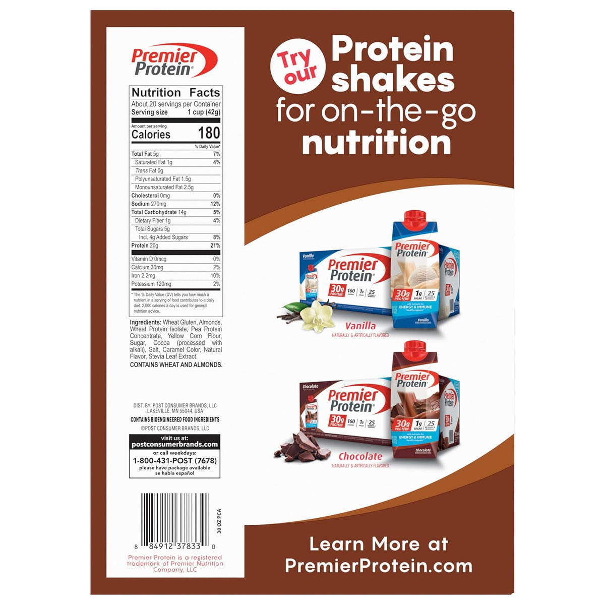 Post Premier Protein Chocolate Almond Cereal — Car Cup Holder Snack Cereal, Portable 9 oz Box for Road Trips and Day Hikes