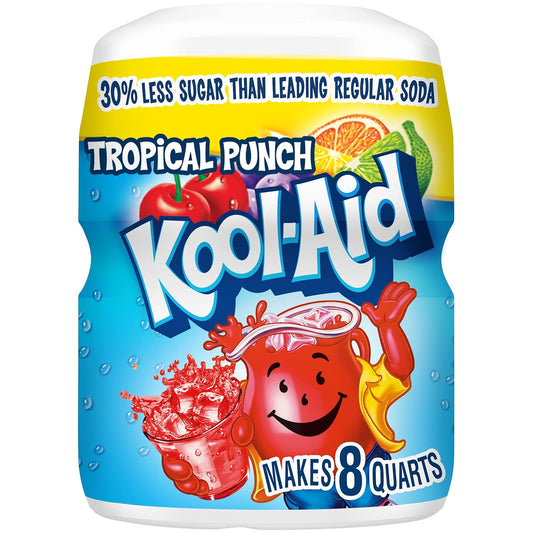 powdered drink mix in resealable canister with built-in easy-measure lid