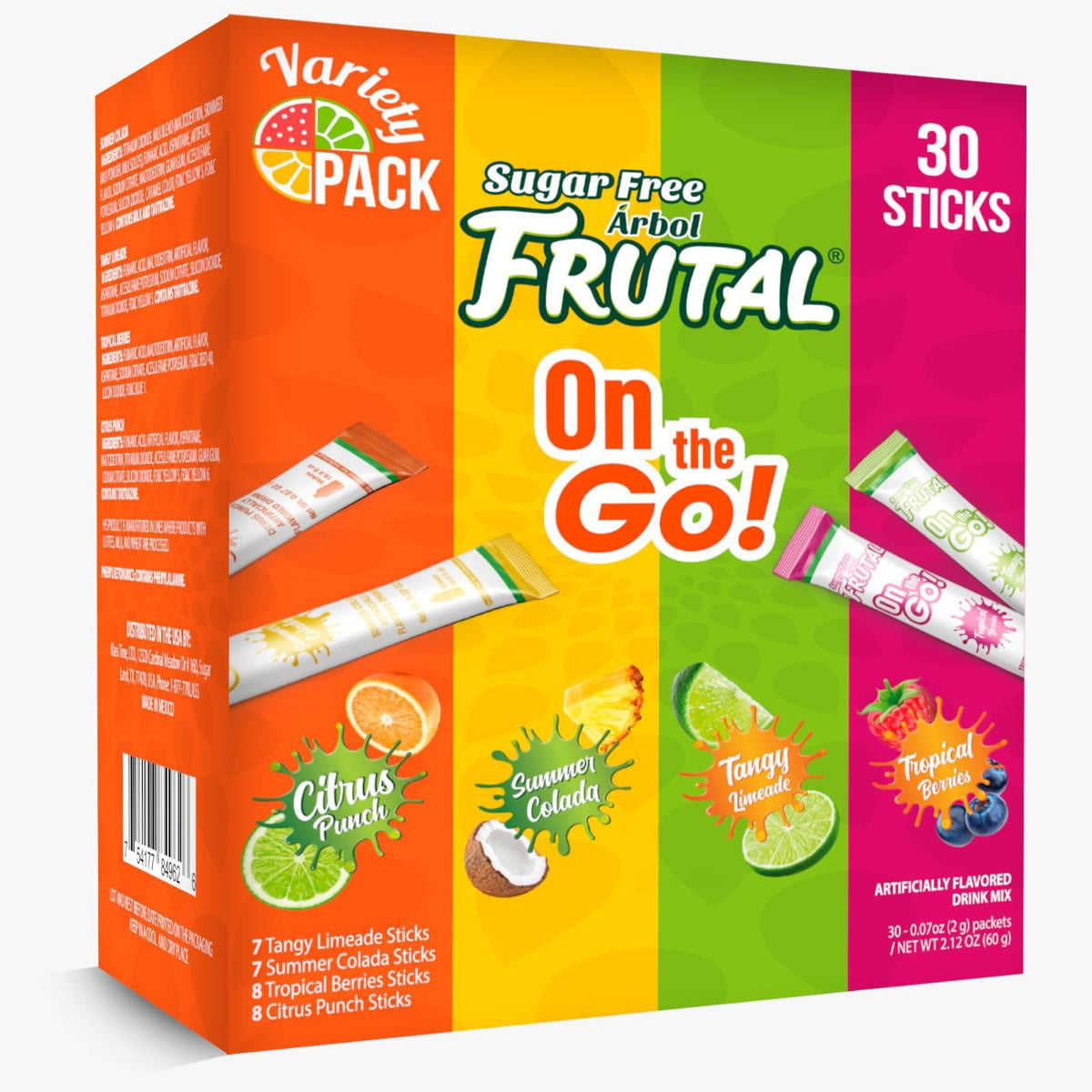 Powdered Drink Mix Variety Pack, Sugar Free! – Fruity flavors - Summer Colada, Tangy Limeade, Citrus Punch &amp;amp; Tropical Berries Packets (30 Count of Stick Packs) - Frutal On-The-Go!