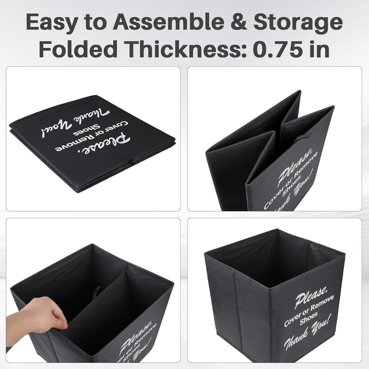 pre-printed 'cover or remove shoes' text in clear lettering on the front