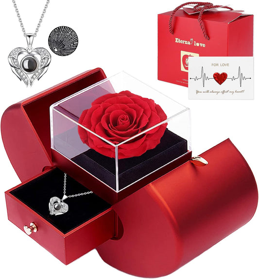 preserved real rose in red apple gift box (3–5 year lifespan, no maintenance)