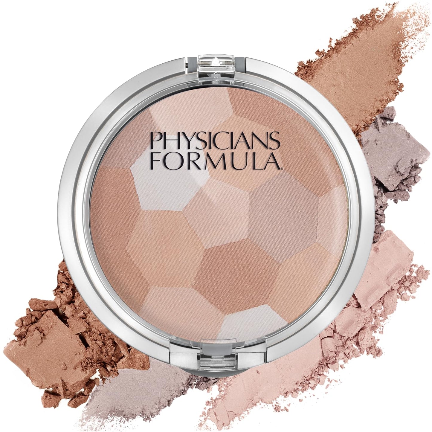 pressed multi-colored powder palette with blended swatches for dimensional finish