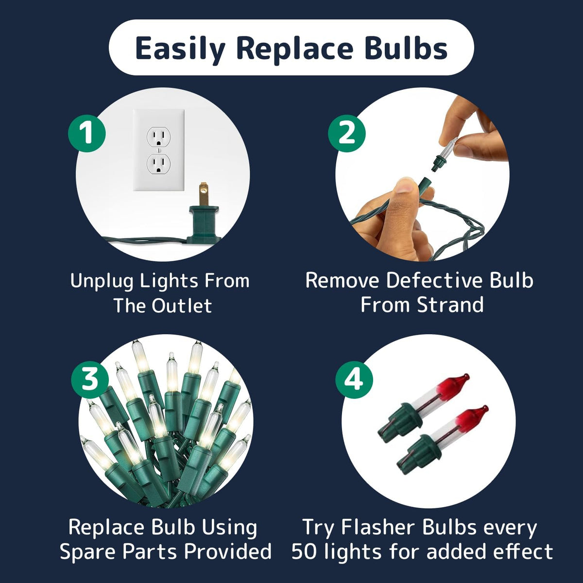 PREXTEX Warm White Christmas Tree Lights – Indoor Home Accent Set with Spare Bulbs and Flasher for a Nostalgic Holiday Atmosphere