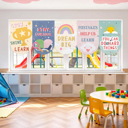 printed motivational phrases such as 'everyone is welcome here' and 'mistakes help us learn'