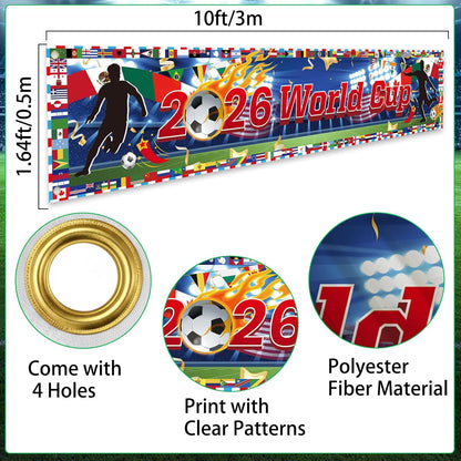 printed world map design with international country flags, trophy, and soccer ball graphics