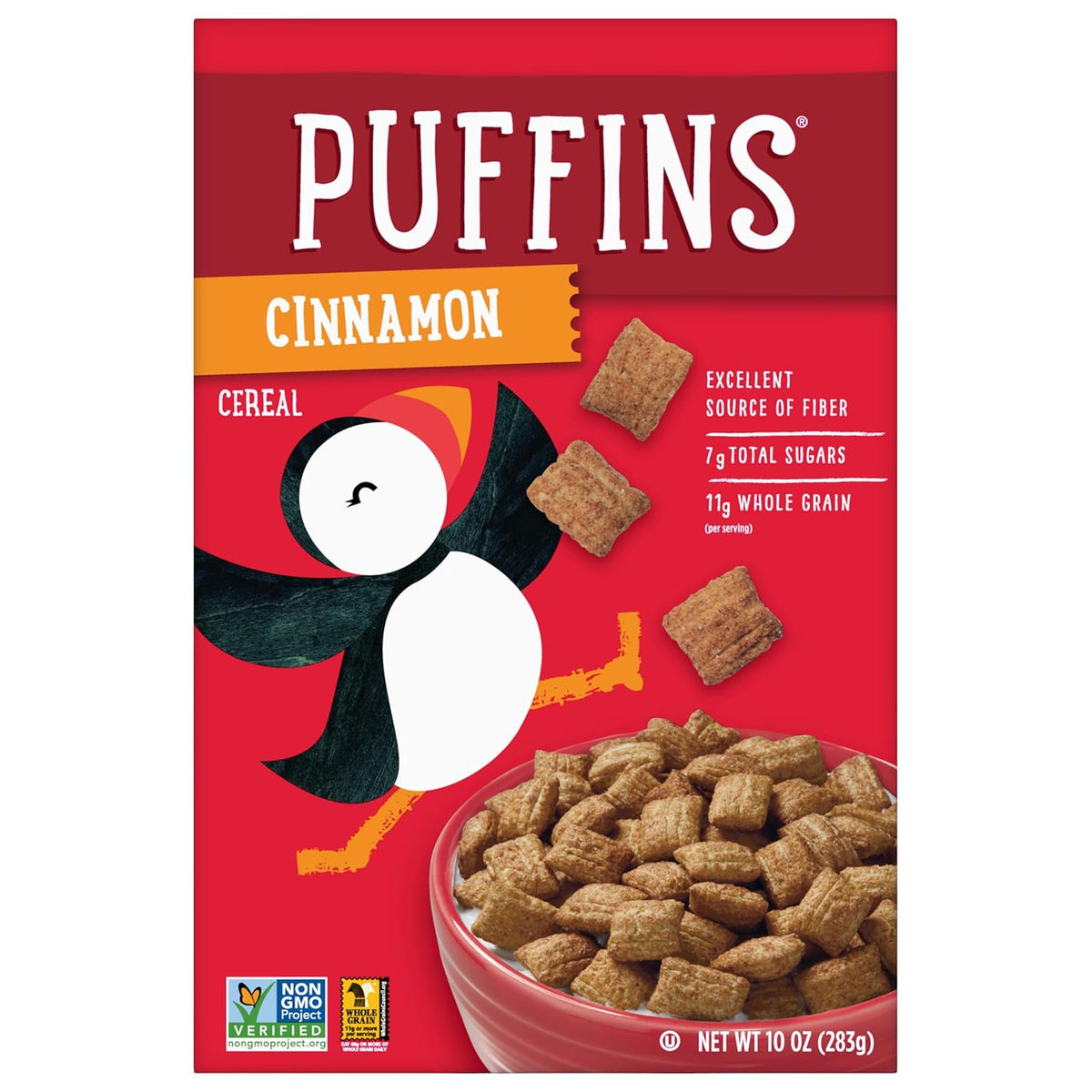 puffed oat and corn cereal squares in cinnamon flavor