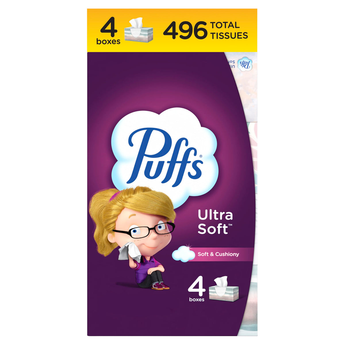 Puffs Ultra Soft Facial Tissues, 4 Family Size Boxes, 124 Facial Tissues per Box, Allergies and Colds