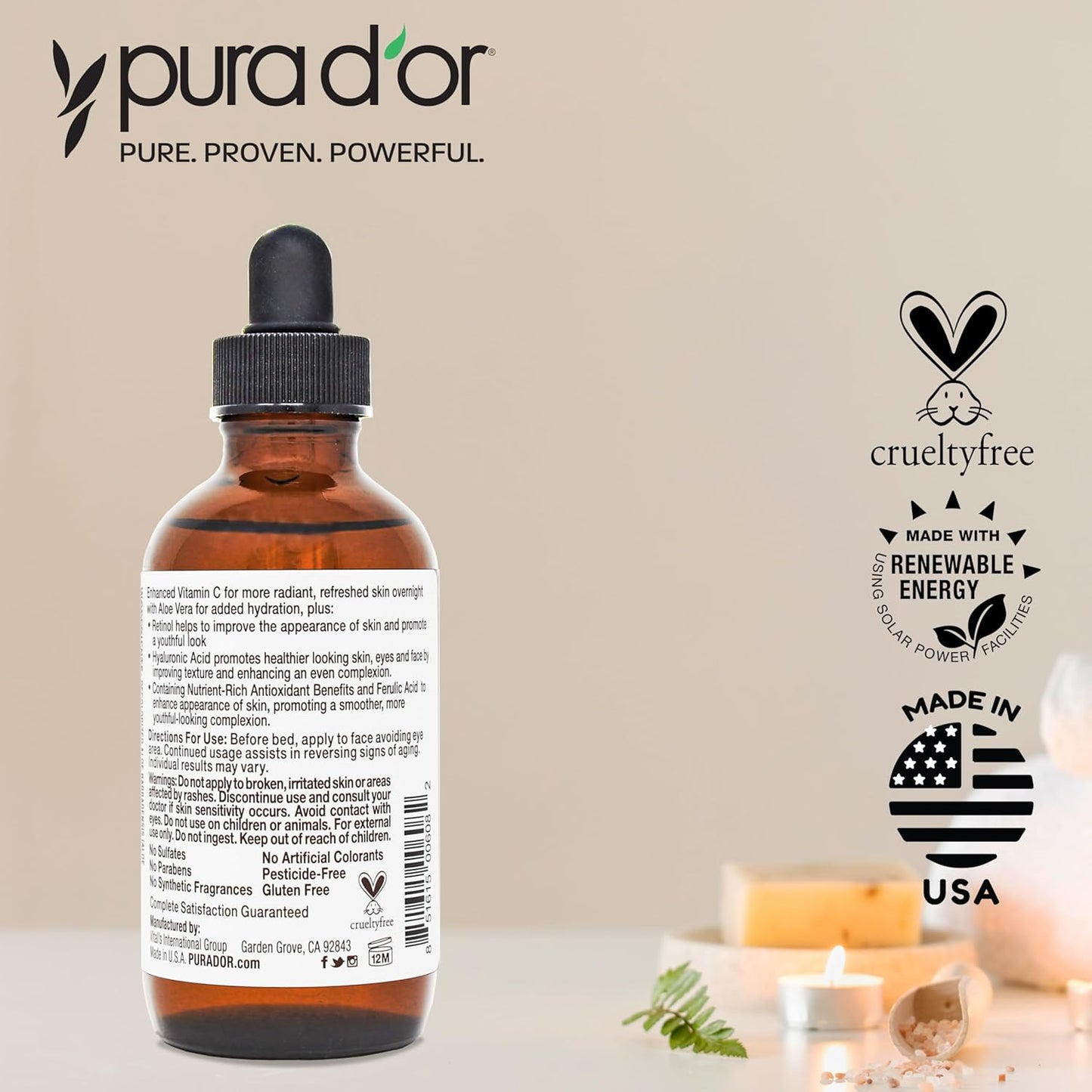 PURA D'OR 20% Vitamin C Facial Serum 4 Oz – Nightly Wind-Down Self-Care Ritual for Glowing Skin
