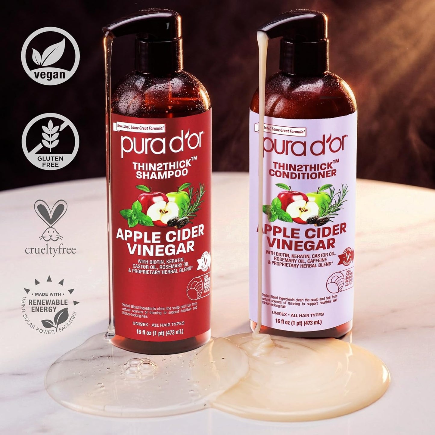 PURA D'OR Apple Cider Vinegar Thin2Thick Set — Gentle Sensitive-Scalp Shampoo & Conditioner, Sulfate-Free for Irritation-Prone Skin, 2 x 16oz