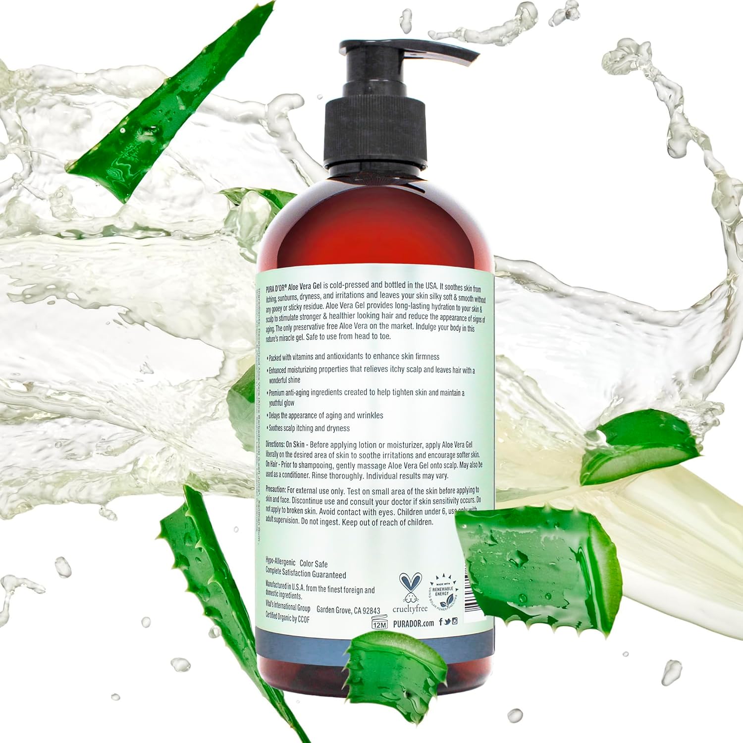 PURA D'OR Organic Aloe Vera Gel – Family Safe Soothing Gel for Diaper Bag and Nursery