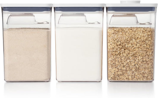 push-button airtight lid that doubles as a built-in lift handle