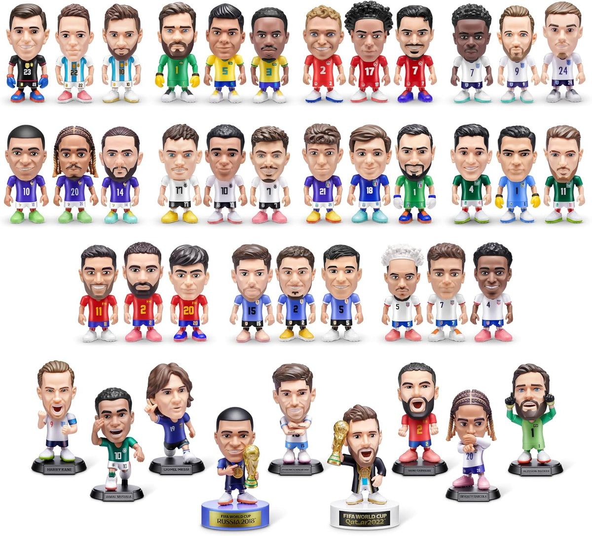 rare frozen-moment figures depicting messi and mbappé holding the fifa world cup trophy