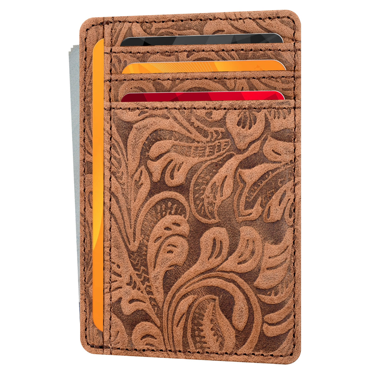 Real Leather Slim Minimalist Wallet for Men and Women -RFID Blocking Front Pocket Thin Credit Card Holder Stylish Wallets (Cognac1)