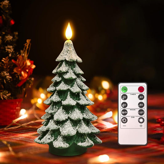 real paraffin wax green pillar with snowflake christmas tree silhouette