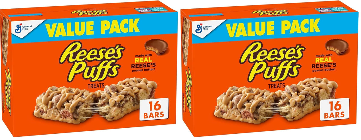 Reese&amp;#39;s Puffs Breakfast Cereal Treat Bars, Peanut Butter &amp;amp; Cocoa, 16 ct (Pack of 2)