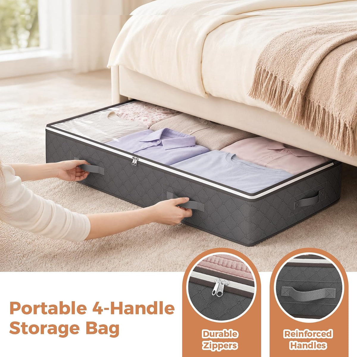 reinforced double-stitched wide fabric handles for sliding under beds