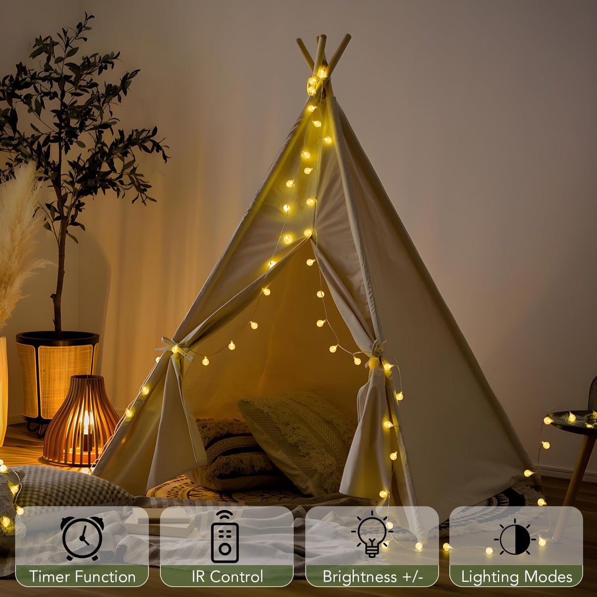 remote control with 8 lighting modes (combination, wave, sequential, slow glow, chasing, slow fade, twinkle, steady on) and 10 brightness levels