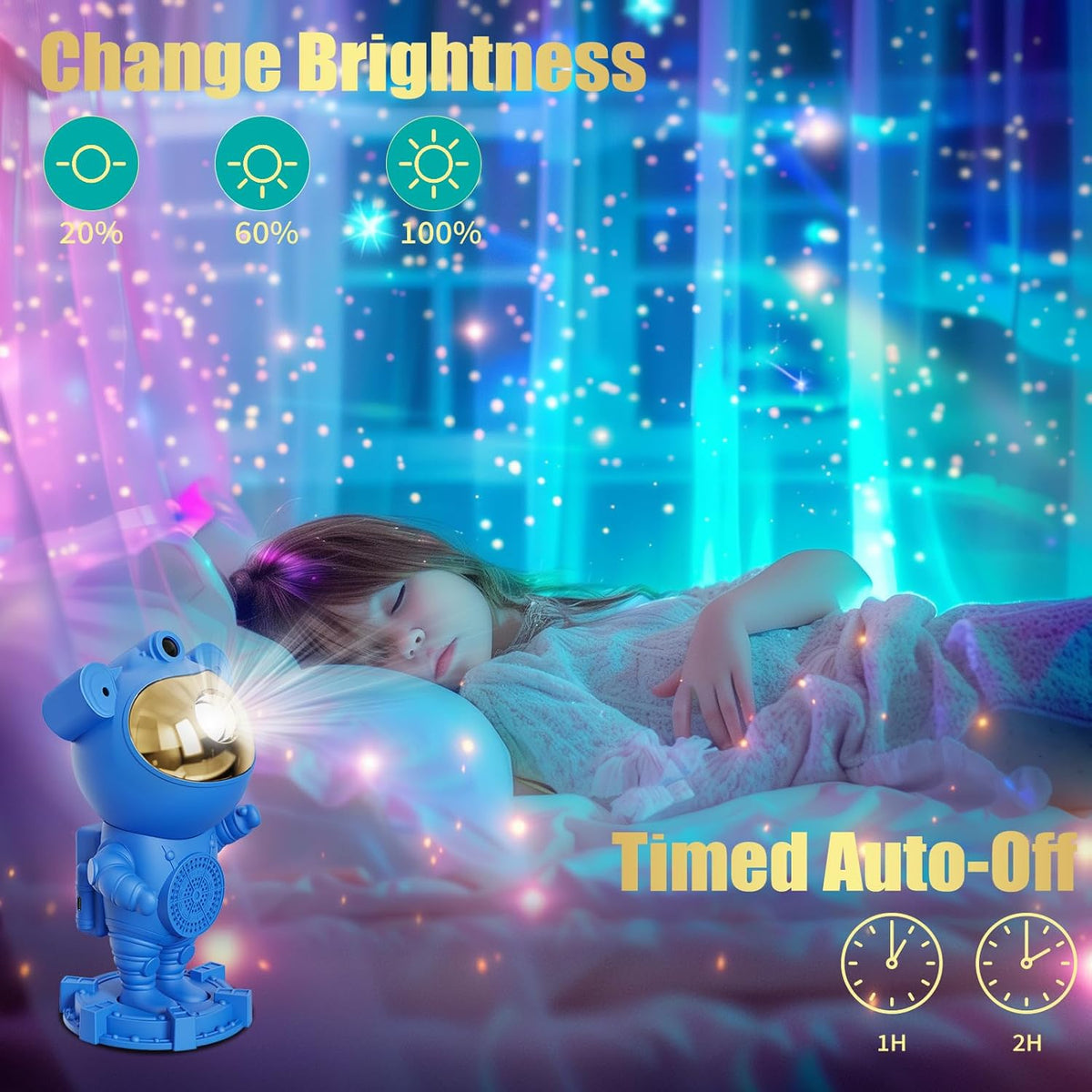 remote control with timer settings (1h/2h auto-off), volume control, and color/speed adjustment