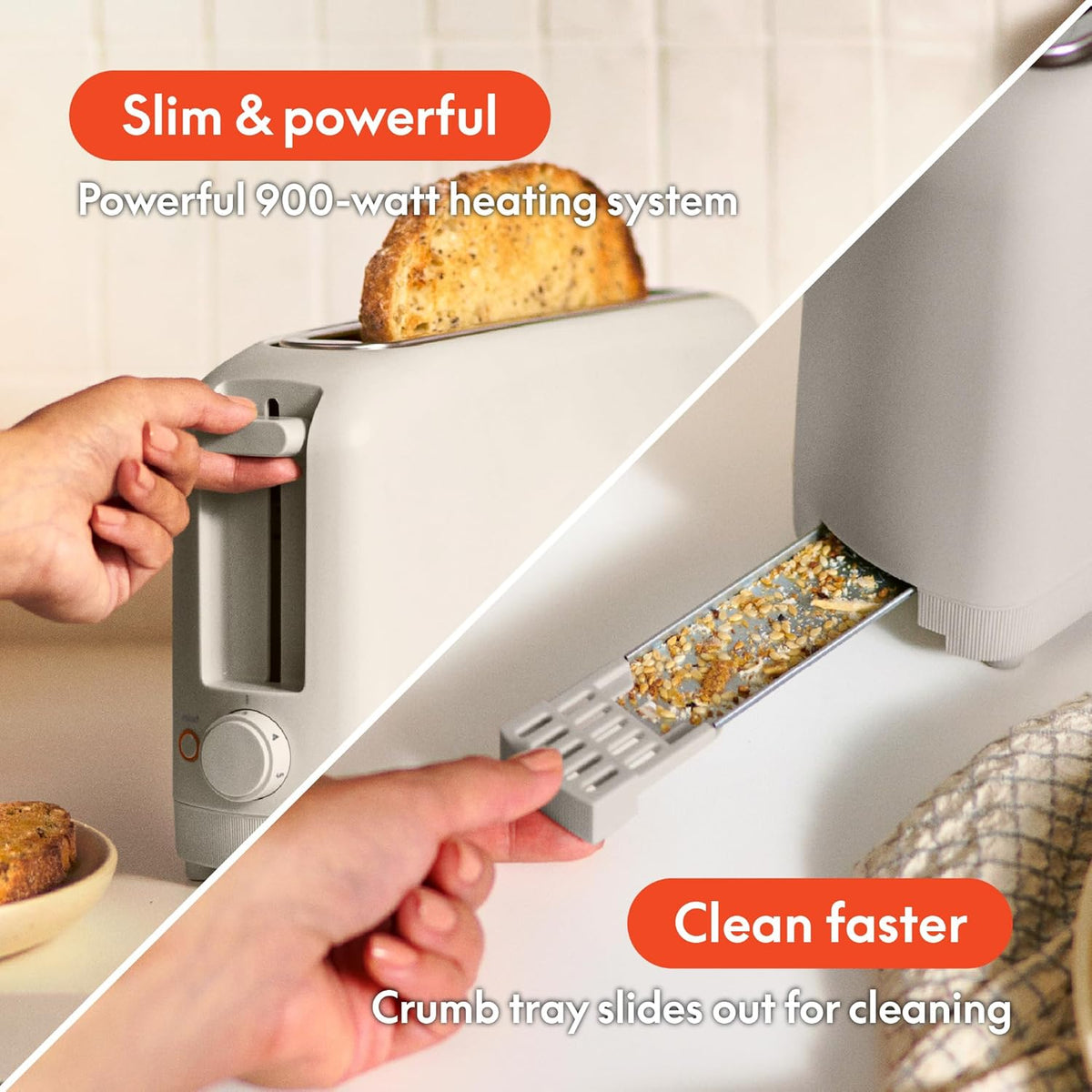 removable slide-out crumb tray and built-in cord wrap for clutter-free cleanup