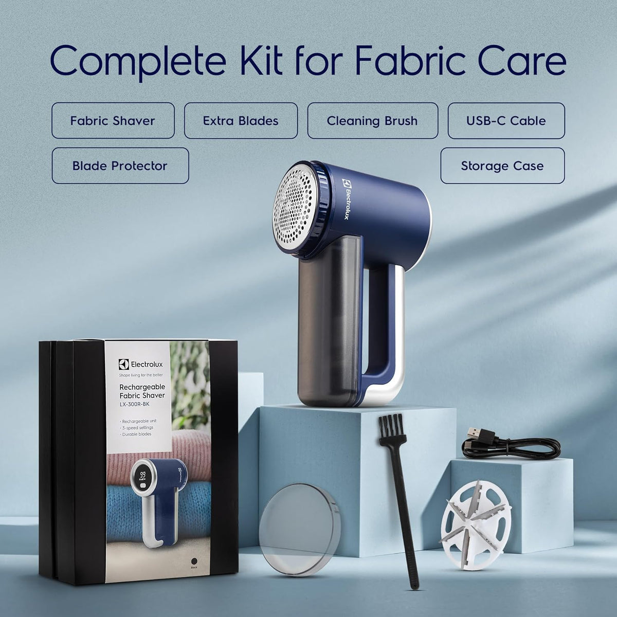 reusable storage box, cleaning brush, and protective blade cover