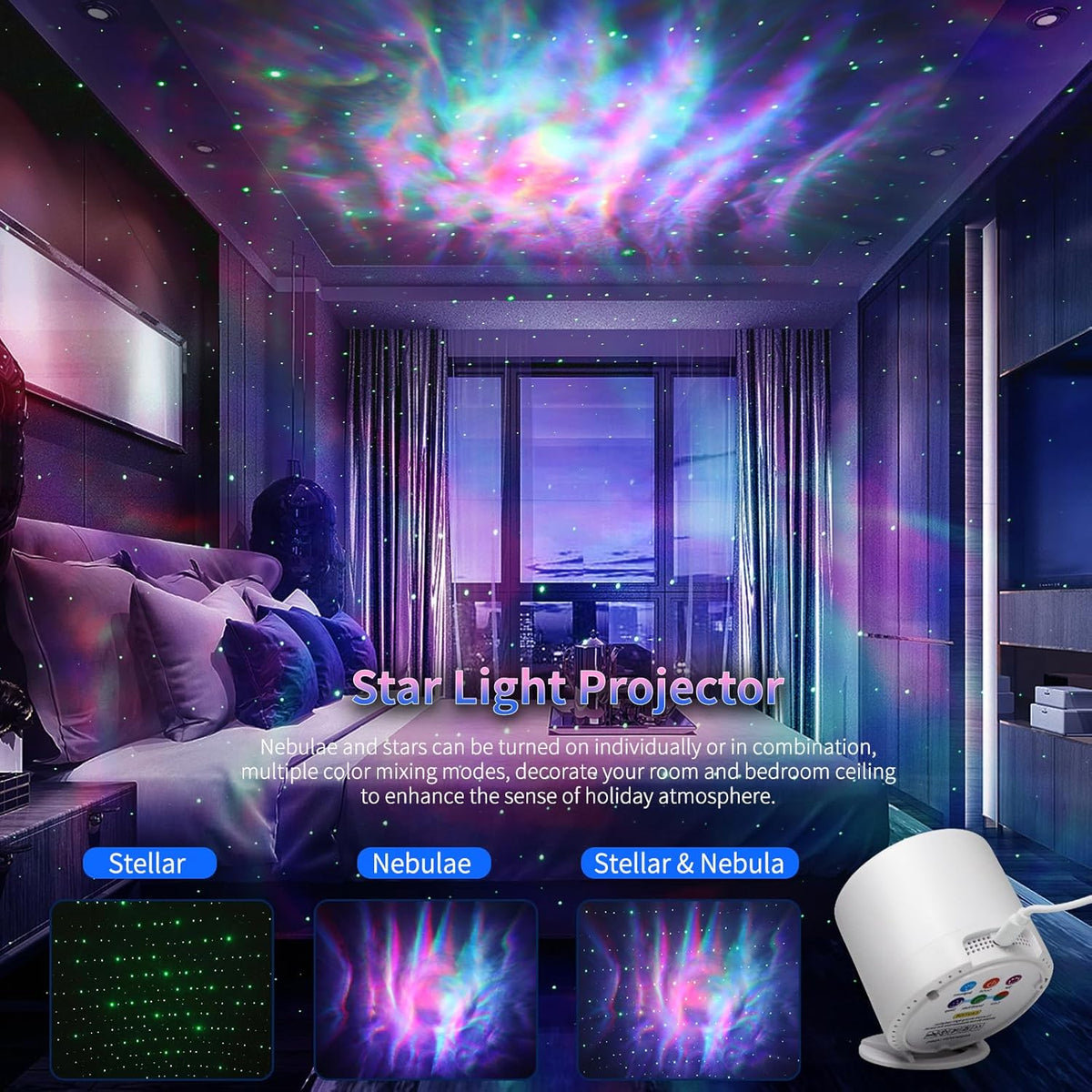 rgb color-changing nebula and star projection (individually controllable)