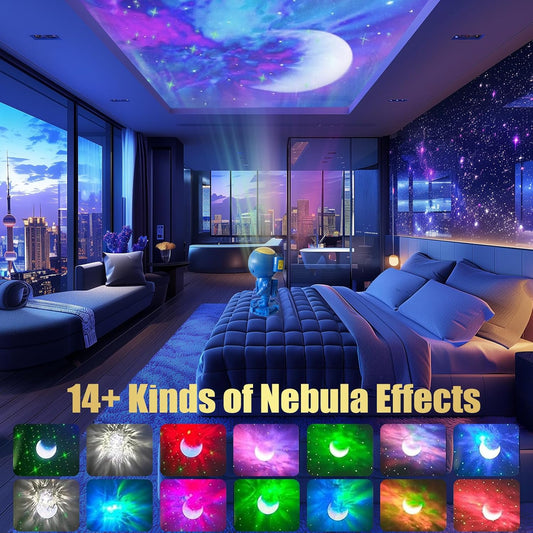 rgbw nebula projection with 14+ customizable color combinations including green star and moon modes