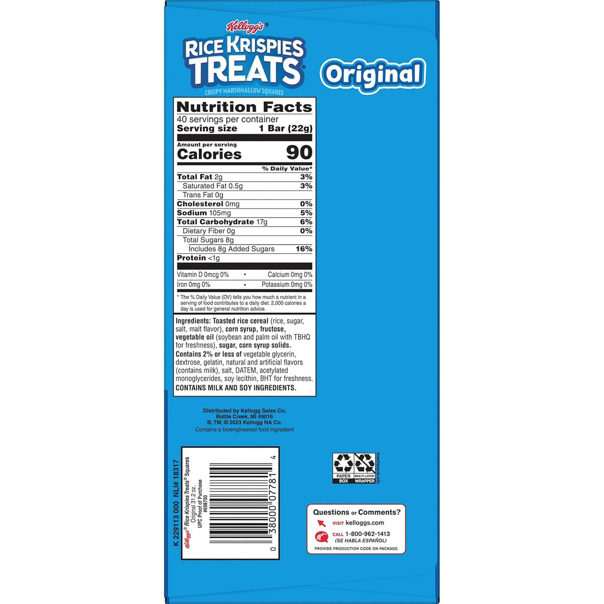 Rice Krispies Treats Original Marshmallow Squares – Kids Lunchbox Snack, 40 Individually Wrapped Cereal Bars