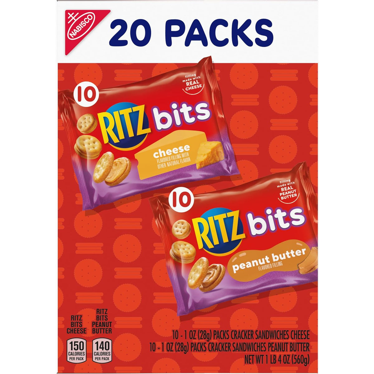 RITZ Bits Cheese and PB Sandwich Crackers – Hiking and Camping Snacks for Backpacks and Trails, 20-Count Variety Pack