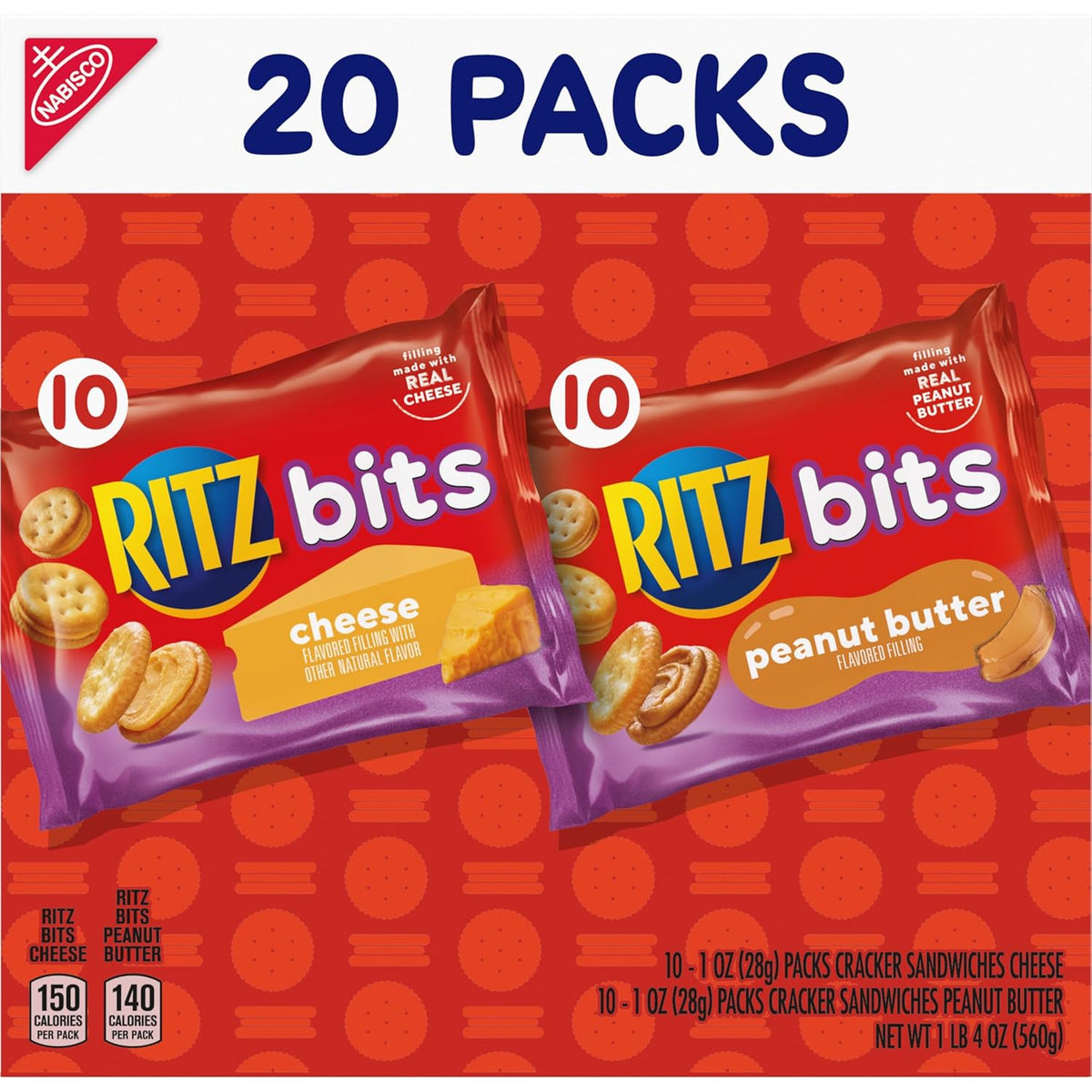 RITZ Bits Cheese and PB Sandwich Crackers – Hiking and Camping Snacks for Backpacks and Trails, 20-Count Variety Pack