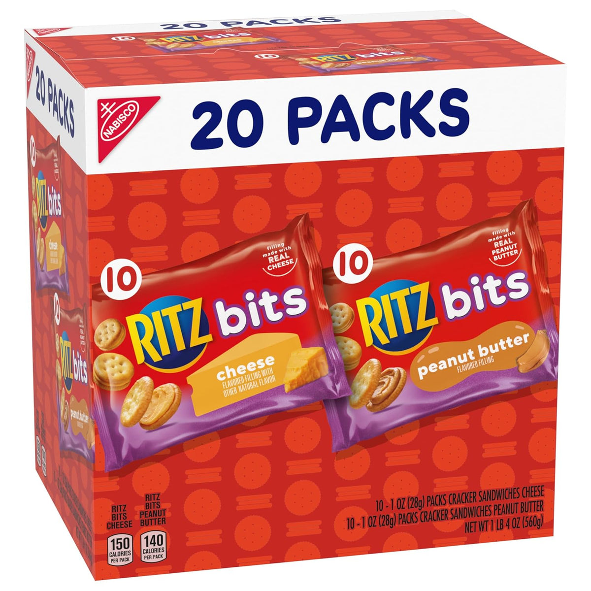 RITZ Bits Cheese & Peanut Butter Mini Crackers – Care Package Snack Gift for Family, 20 Single-Serve Packs
