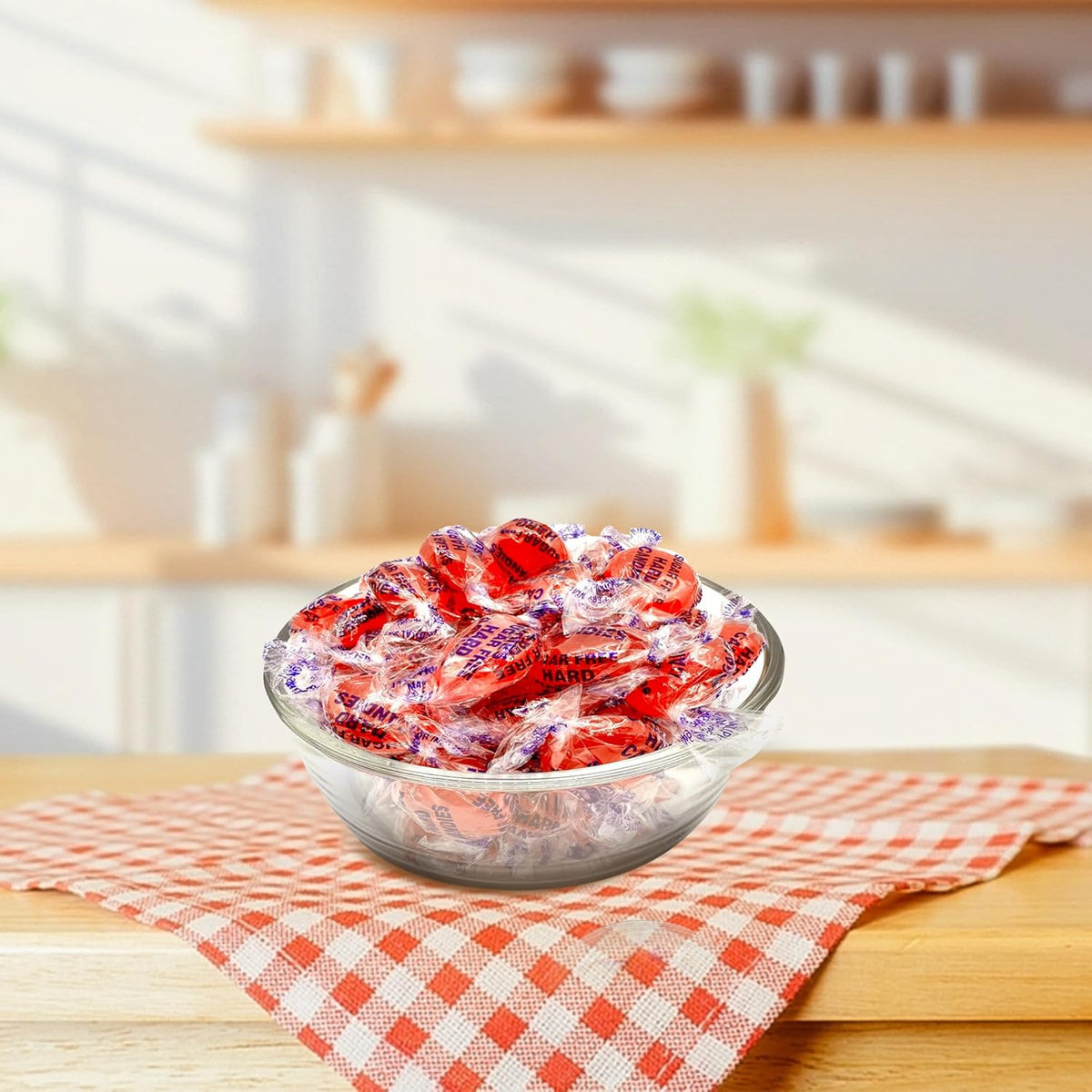 rock/hard candy disc shape with fd&c red #40 cinnamon-red coloring